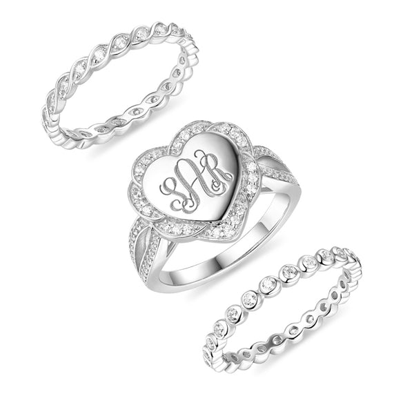 AILIN Wholesale Personalized 3 Stacking Heart Monogram Wedding Rings Women With Cubic Zirconia 925 Silver Engagement Letter Ring