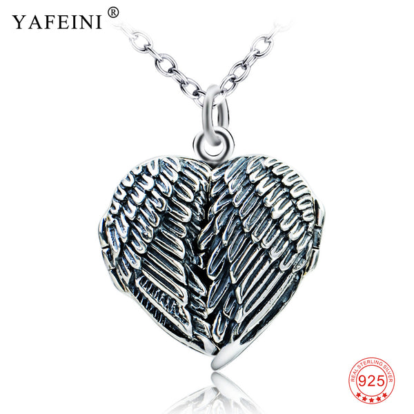 Vintage 925 Sterling Silver Angel Wings Locket Charms Necklace Women Pendant Necklaces Jewelry Gift Photo Frame Necklace Choker